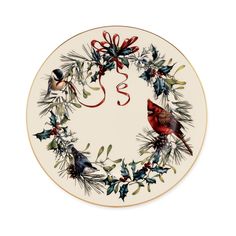 a christmas wreath plate with two birds on it