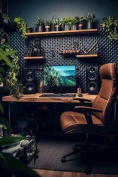 a desk with a computer on top of it next to some plants and potted plants