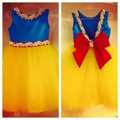 two pictures of dresses with bows on them, one in yellow and the other in blue