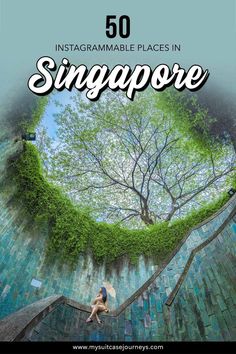 a woman sitting on the steps in front of a tree with text overlay reading 50 instagramable places in singapore