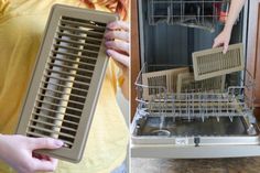 a woman is holding an open dishwasher door and it's inside the dishwasher