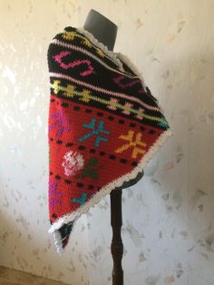 "This is my beautiful and soft shawl. It is warm and cozy. It is perfect accessory for your style. The shawl is crocheted from soft acrylic yarn. I made it with Bulgarian traditional motives. I put all my love in. Size:Height 30\"/78cm/,Width 55\"/140cm/. It is made to order. Please, allow 10 business days for my work. Wash by hands and flat dry." Handmade Alpaca Bohemian Shawl, Handmade Bohemian Alpaca Shawl, Multicolor Alpaca Shawl For Winter, Bohemian Alpaca Shawl One Size, Cozy Knitted Shawl, One Size, Cozy Knitted Shawl One Size, Cozy Knitted One-size Shawl, Bohemian Alpaca Hand Knitted Shawl, Handmade Alpaca Shawl For Winter