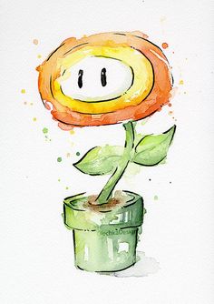 a watercolor painting of a flower with a smiley face on it's head