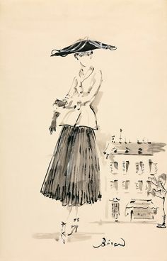 a drawing of a woman in a dress and hat with an umbrella over her head