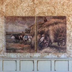 two paintings on the wall of a building with horses and wagons in front of them