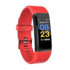 an image of a red smart watch with the time displayed on it's screen