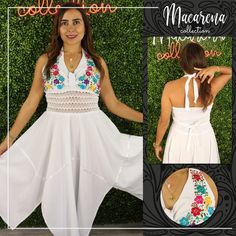 This lovely was handmade in Mexico. The beautiful colorful flowers were embroidered by hand, so each one is unique. You will love wearing this comfortable cotton dress with short sleeves. It is perfect for a hot summer day. This dress comes just above or below the knee, depending on how tall you are. It has a square neckline and cute little puffy sleeves.  Inch measure Medium 19 * 35 Large 23 * 37 XL 26 * 37 XXL 27 * 38 About Our Items: Each one of our items is handmade/hand woven by Indigenous White Hippie Dress With Floral Print, Hippie Floral Embroidered Summer Dress, Summer Festival Dress With Floral Embroidery, White Sleeveless Embroidered Festival Dress, White Sleeveless Embroidered Dress For Festival, Floral Embroidered Sundress For Festival, Hippie Dress With Floral Embroidery For Festival, Handmade Bohemian Dresses With Multicolor Embroidery, Handmade Folk Dresses For Spring