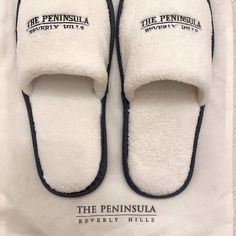 New / Never Worn Terry Cloth Padded Slippers White With Navy Blue Embroidered Logo & Trim 10 1/2” Long Rubber Soles New Comes With Zippered Pouch Hills Shoes, Hotel Slippers, Slippers White, Peninsula Hotel, Hotel Branding, Cloth Pads, Zippered Pouch, Terry Cloth, Zipper Pouch