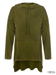 Ebeek - Womens Casual High-Low Hoodie with Kangaroo Pocket, featuring Long Sleeves and Adjustable Drawstring Long Sleeve Leisure Hoodie With Pockets, Leisure Hoodie With Kangaroo Pocket And Long Sleeves, Leisure Long Sleeve Hoodie With Drawstring, Casual Khaki Hoodie For Loungewear, Green Long Sleeve Top With Drawstring, Fall Leisure Hoodie With Drawstring, Green Hooded Hoodie With Drawstring, Khaki Long Sleeve Sweatshirt With Drawstring Hood, Khaki Drawstring Hood Top For Fall