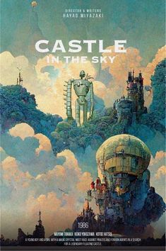 the poster for castle in the sky, which features an image of a giant robot standing on