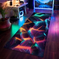 a living room area rug with colorful lights on it