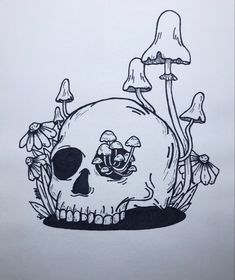 a drawing of a skull with mushrooms on it