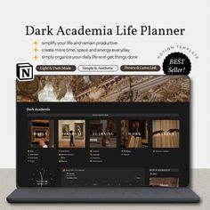 the dark academy life planner is open on a laptop screen with images and captions