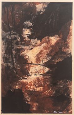 an abstract painting with brown and white paint on the bottom, trees in the background