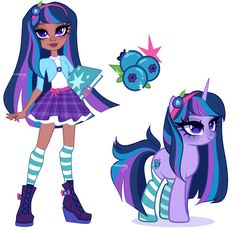 the pony is dressed up as a girl with long hair and blue eyes, while she's standing next to another pony