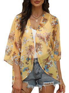 PRICES MAY VARY. High quality chiffon with silky-smooth touch, soft fashion style kimono cover up for women casual outfit, breathable and comfortable for beach wear, Casual lightweight outwear Chiffon Kimono Cardigan: floral print, boho style, short sleeve and open front for beach swim wear, flowy loose fit kimono cover up for casual outfit Perfect for throwing on over your tee shirt and cut off shorts, over a tunic and Leggings, or a skin tight little black dress, elegant women kimono for daily Casual Sheer Summer Cover-up, Flowy V-neck Cardigan For The Beach, Casual Fall Cover-up With Kimono Sleeves, Elegant V-neck Kimono For Spring, Spring Summer V-neck Cardigan, Spring Flowy Wrap Cover-up, Bohemian Chiffon V-neck Cover-up, V-neck Chiffon Beach Cover-up, Chic Spring Layering Cover-up