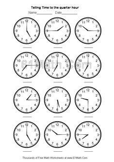 telling time to the quarter hour worksheet for kids and adults with clock faces