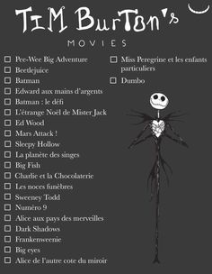 a black and white poster with the words tim burton's movies written on it