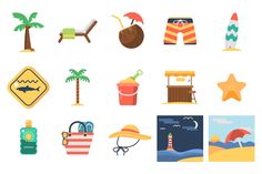 an assortment of beach related items on a white background