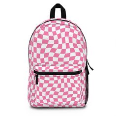 This pink and white wavy checkered print bookbag is the perfect accessory for adding a pop of color and style to your everyday wardrobe. The unique wavy checkered design gives this bookbag a trendy and fun look that is sure to turn heads.  With a spacious interior and adjustable straps, this bag is both stylish and practical, making it ideal for carrying your essentials in style. Whether you're heading to class, work, or a weekend adventure, this bookbag will keep you organized and on trend. Add this eye-catching piece to your collection today! 💝Backpacks make perfect gifts! ⭐🛍️You can click the name above(KellaTotes) to go directly to my shop and check out the Coordinating Tote, Weekender Bag and Cosmetic bag as well as other Collections available.  ⭐⭐Free Shipping on All Items! 🛍️BACK Playful Pink Backpack For Back To School, Pink Playful Backpack With Cute Design, Customizable Pink Rectangular Backpack, Pink Checkered Crochet Bag, Playful Pink Backpack With Zipper Closure, Pink Backpack, Back To School Shopping, School Backpacks, Season Colors