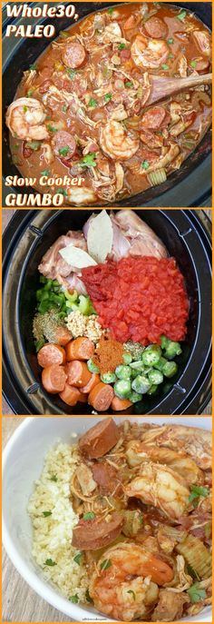 three pictures showing different types of food in the same pan and one with shrimp, carrots