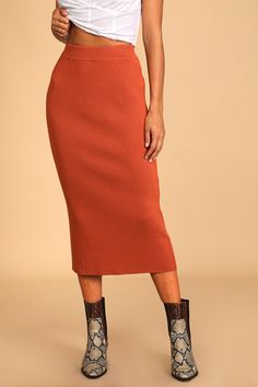 Orange Maxi Skirt Outfit, Orange Skirt Outfit, Knit Skirt Outfit, Orange Maxi Skirt, Warm Skirts, Midi Sweater Skirt, Spring Skirt Outfits, Womens Skirt Outfits, Midi Skirt With Pockets