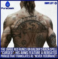 the back of a man's body with tattoos on it and an ad for pure geek