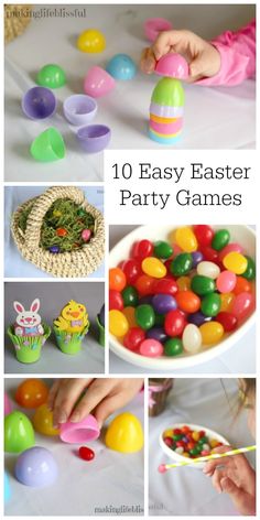 easter party games for kids to play on the table with colorful eggs and cupcakes