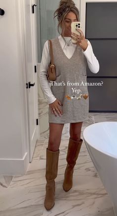 Graduation Party Outfit Guest Winter, Gatlinburg Aesthetic, Mom Thanksgiving Outfit, Sleeveless Sweater Dress Outfit, Vineyard Outfits Fall, Rain Boots Outfit Fall, Dress With Long Sleeve Shirt Under, Hairstylist Outfits, Rain Boots Outfit