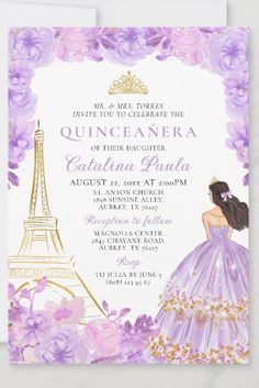 a purple and white wedding card with the eiffel tower in the back ground