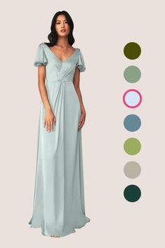 a woman in a long dress standing next to color swatches and the image shows different colors