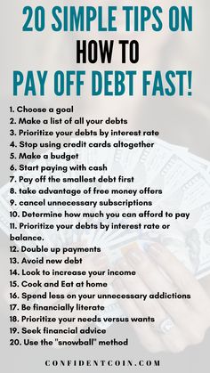 a woman holding cash with the text 20 simple tips on how to pay off debt fast