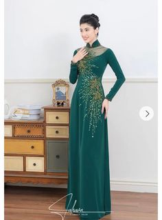 Brand New High Quality Vietnamese Ao Dai with Matching Pants.  Free Fast Priority shipping (1-3 days delivery) via USPS. Size Bust/ChestWaist S32in/81cm27in/68cm M33in/83cm28in/71cm L35in/89cm29in/74cm XL36.5in/93cm32in/81cm 2XL38in/96cm34in/86cm 3XL40in/102cm36in/91cm 4XL42in/107cm38in/96cm 5XL44in/112cm40in/102cm 6XL45in/115cm 41in/104cm Ao Dai Length is 56-57in Pants length 44in  Chiffon Ao Dai and Satin Pants  Please note:  Almost all Ao Dai have some sewing Chalk Marks because these are Bra Green Ao Dai, Couple Dress Matching, Ao Dai Vietnamese, Modern Ao Dai, Couple Dress, Garment Cover, Satin Pants, Leaves Pattern, Matching Pants