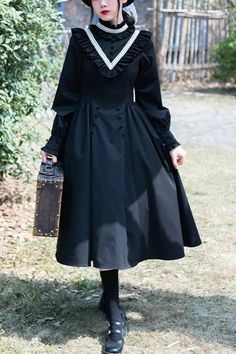 Black Olivia Autumn Winter Stand Collar Long Sleeves Gothic Lolita Dr – LolitaInside Style Gothic, Gothic Clothes, Sleeves Style, Prom Dress Inspiration, Lolita Dress, Gothic Lolita, Stage Outfits, Japanese Fashion, Fabric Cotton