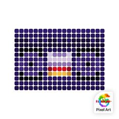 the pixel art logo is made up of squares and dots, all in different colors