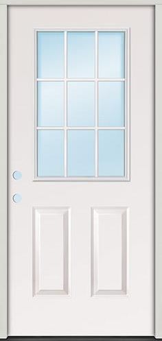 a white front door with glass and side panels