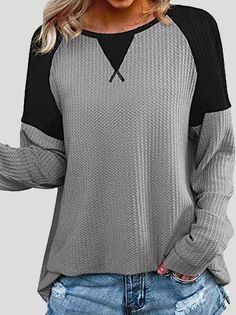 Gender:Women Type:Tops Feature:Waffle Stitching. Round Neck. Raglan Long Sleeve Material:Polyester/Cotton Style:Casual/Fashion Color:Black. Green. Gray. Purple. Red. Yellow. White. Blue Size:S. M. L. XL. 2XL Please Note:All Dimensions Are Measured Manually With A Deviation Of 1 To 3cm Casual Solid Color Patchwork Tops, Solid Color Casual Patchwork Tops, Gray Tops With Splicing For Fall, Gray Spliced Tops For Fall, Gray Spliced Top For Fall, Casual Black Waffle Knit Top, Casual Gray Waffle Knit Top, Gray Waffle Knit Top For Fall, Raglan Long Sleeve