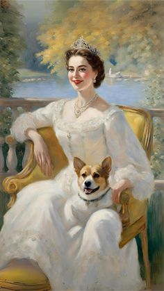 a painting of a woman in white dress sitting on a chair next to a dog