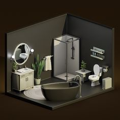 a bathroom with a sink, toilet and bathtub is shown in this 3d image