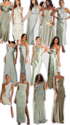 many different women in dresses posing for a picture together, all wearing one shoulder dress