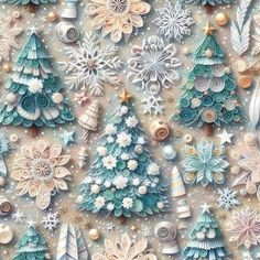 a painting of christmas trees and snowflakes