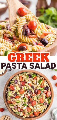 this greek pasta salad is loaded with tomatoes, olives, lettuce and feta cheese