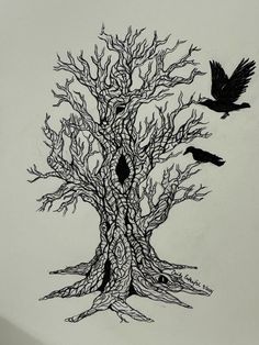 Original, signed, hand-drawn tree and ravens art, 9 x 12 inches. (Not a duplicate or print). Black and white pen and ink drawing on Strathmore 400 Series drawing paper. Arbor, tree, bird art. Wall art, wall decor. Ravens Art, Drawn Tree, Raven Art, Illustration Pen And Ink, White Pen, Drawing Paper, Print Black And White, Ink Drawing Illustration, Pen Ink