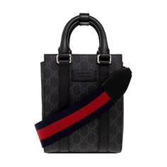 The Gucci GG Supreme Monogram Black Canvas Web Strap Mini Tote Bag is a striking and compact accessory that seamlessly combines luxury with practicality. Emphasizing both style and function, the tote includes a contrasting green and red web stripe strap that beautifully contrasts with the black canvas. This strap not only adds a pop of color but also allows for comfortable shoulder or crossbody wear, adapting to the wearer's preferences. The bag's mini size is perfect for those seeking a compact Mens Waist Bag, Red Web, Tote Outfit, Black Leather Top, Gucci Tote Bag, Gucci Tote, Gucci Leather, Trim Top, Mini Tote Bag