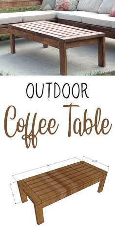 an outdoor coffee table made out of wood with text overlay that reads, outdoor coffee table