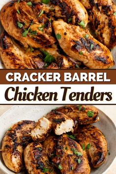 grilled chicken tenders in a bowl with text overlay that reads, cracker barrel chicken tenders