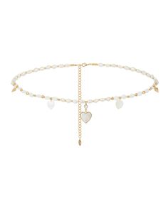 gold tone plated brass CZ acrylic pearl 20" with 5" extender Gold-tone Pearl Jewelry With Adjustable Chain, Gold Pearl Jewelry With Heart Charm, Heart-shaped Pearl Beaded Chain Jewelry, Pearl White Metal Jewelry With Adjustable Chain, Gold Pearl Choker With Adjustable Chain, Gold Pearl Jewelry With Heart Beads, Gold Choker With Pearl Charm For Party, White Party Jewelry With Heart Charm, Adjustable Gold-tone Pearl Chain Jewelry