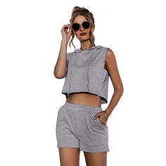 Light Gray Drawstring Hooded Tank with Shorts Set Summer Loungewear Hoodie With Drawstring Hood, Summer Cotton Hoodie For Leisure, Summer Cotton Hoodie With Drawstring Hood, Summer Cotton Hoodie With Drawstring, Women Sportswear Outfits, Street Wear Shorts, Hoodie With Shorts, Sports Wear Outfits, Loose Shorts Outfit