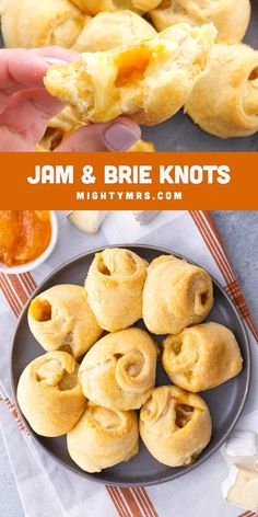 some food that is on a plate and in front of the words jam & brie knots