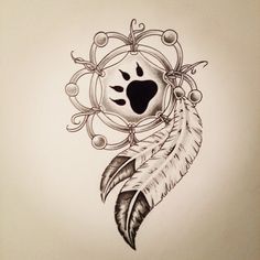 a drawing of a dream catcher with feathers and beads on it's head is shown